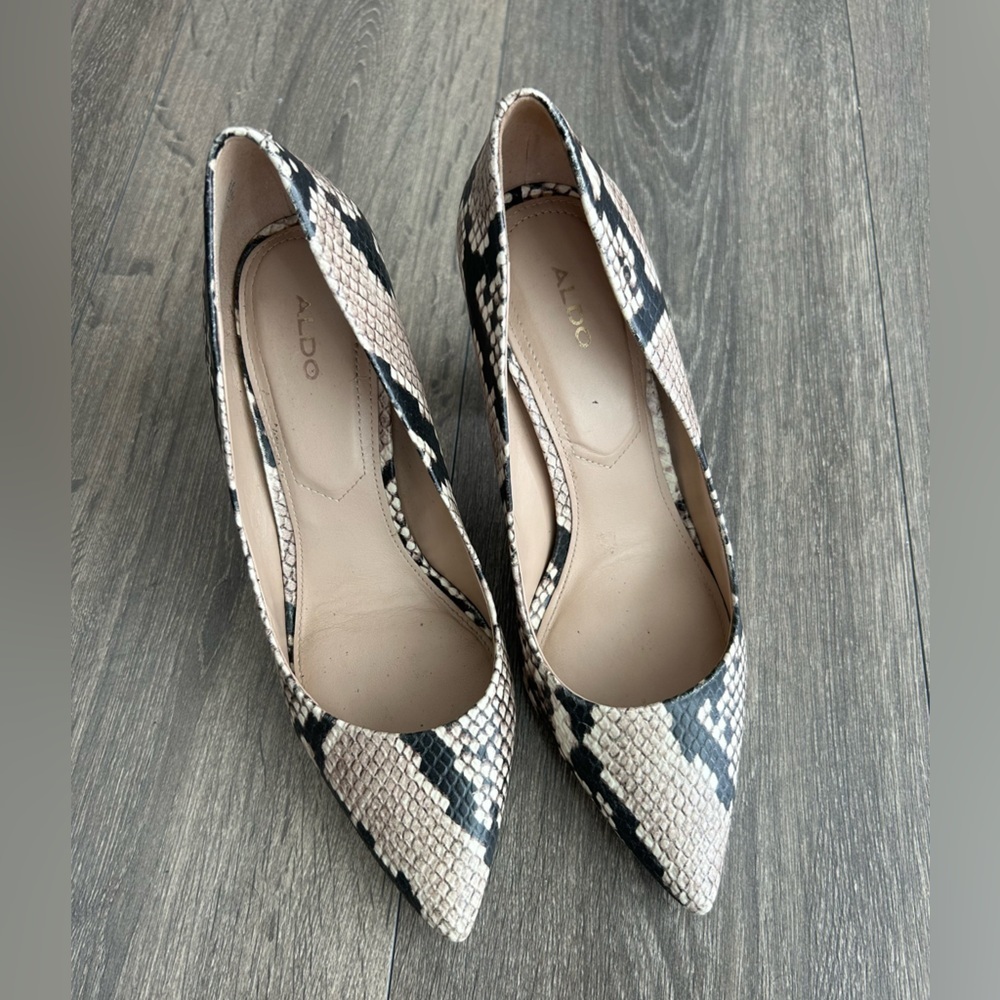 Aldo snakeskin print pointed toe black beige block high heels- size 8.5 - Picture 3 of 6